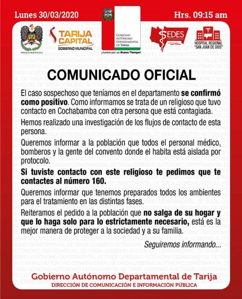 Tarija reporta primer caso de covid-19, un religioso