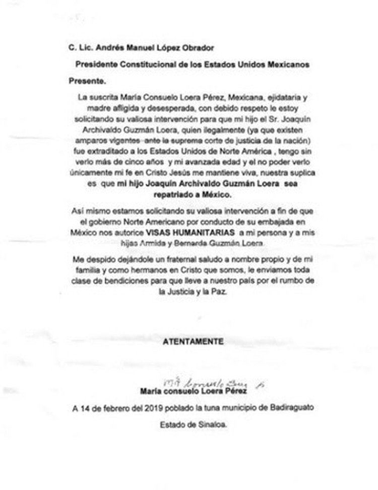 Primera carta de Consuelo Loera a AMLO luego de que el juicio del 