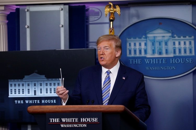 U.S. President Donald Trump attends the daily coronavirus disease (COVID-19) task force briefing at the White House in Washington, U.S., April 19, 2020. REUTERS/Al Drago