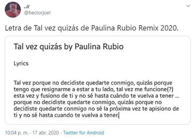 Uno de los usuarios redactó el texto literal de la cantante de su propia canción (Foto: Twitter)