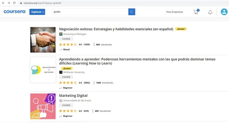 Se puede filtrar para que sólo se vean las opciones gratuitas, o que estén disponibles en español.
