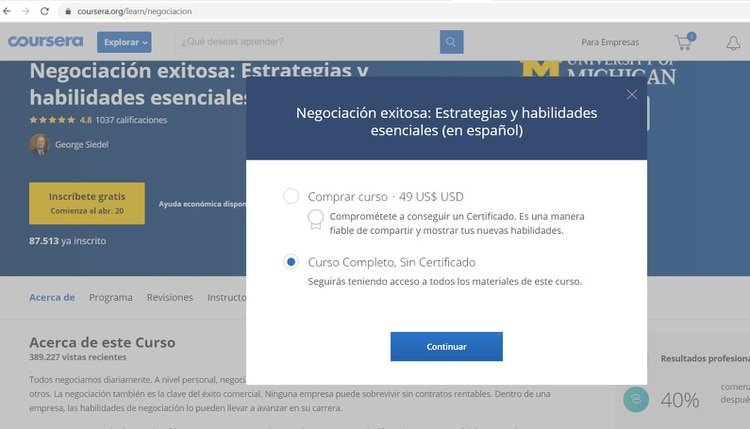 El curso gratuito no ofrece certificación de finalización.