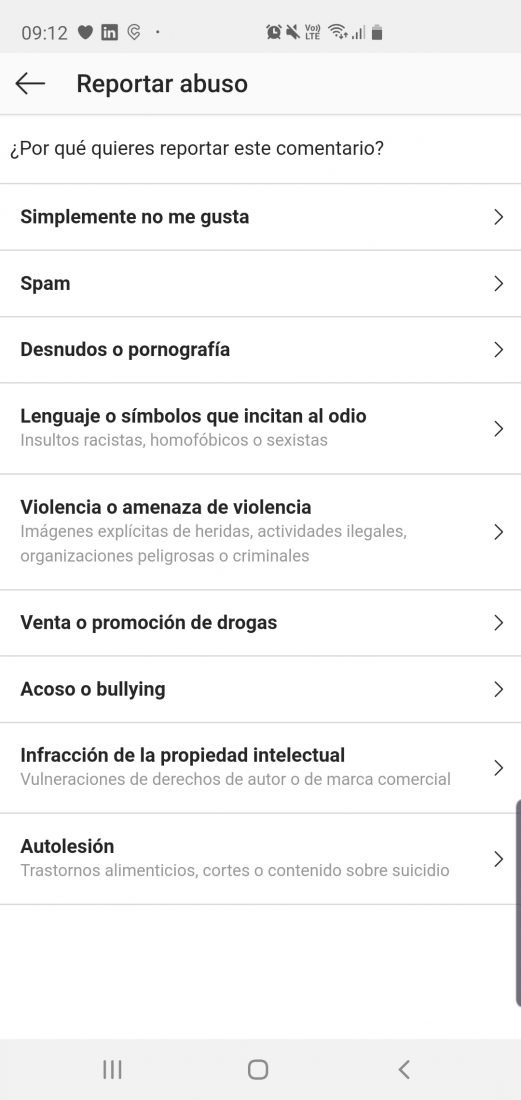 Es posible reportar abusos a la plataforma.