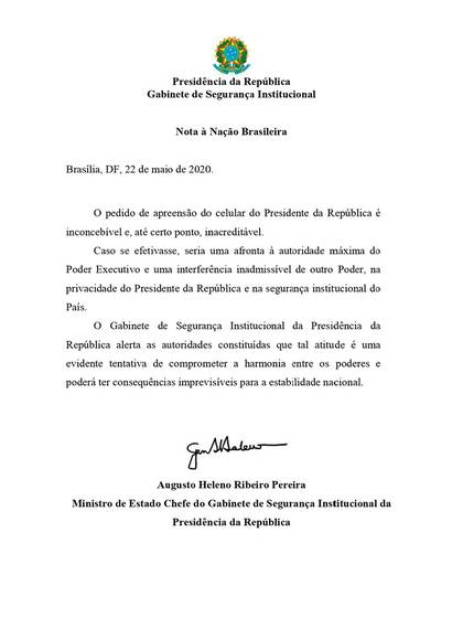 La carta de Augusto Heleno a raíz del pedido de la Justicia brasileño