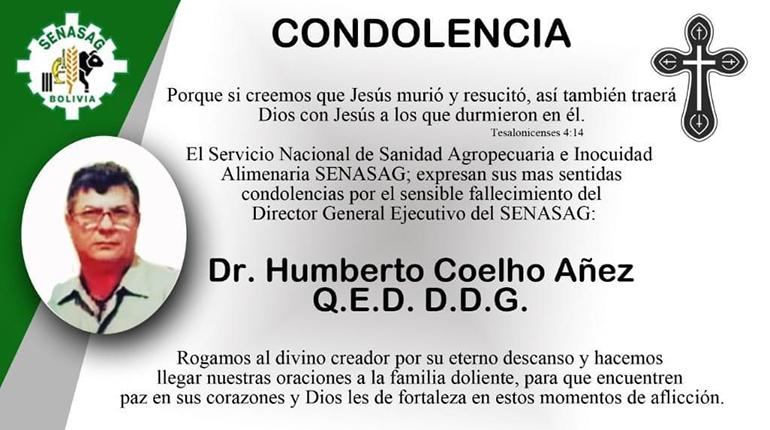 Aviso necrológico de Senasag sobre el deceso de su director general. | Senasag