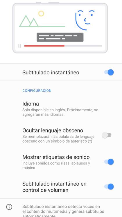 La función de subtitulado se activa desde el menú de configuración (que está representado por el ícono de la tuerca). Abrir este menú y luego, en la lupa, buscar "subtitulado instantáneo". 