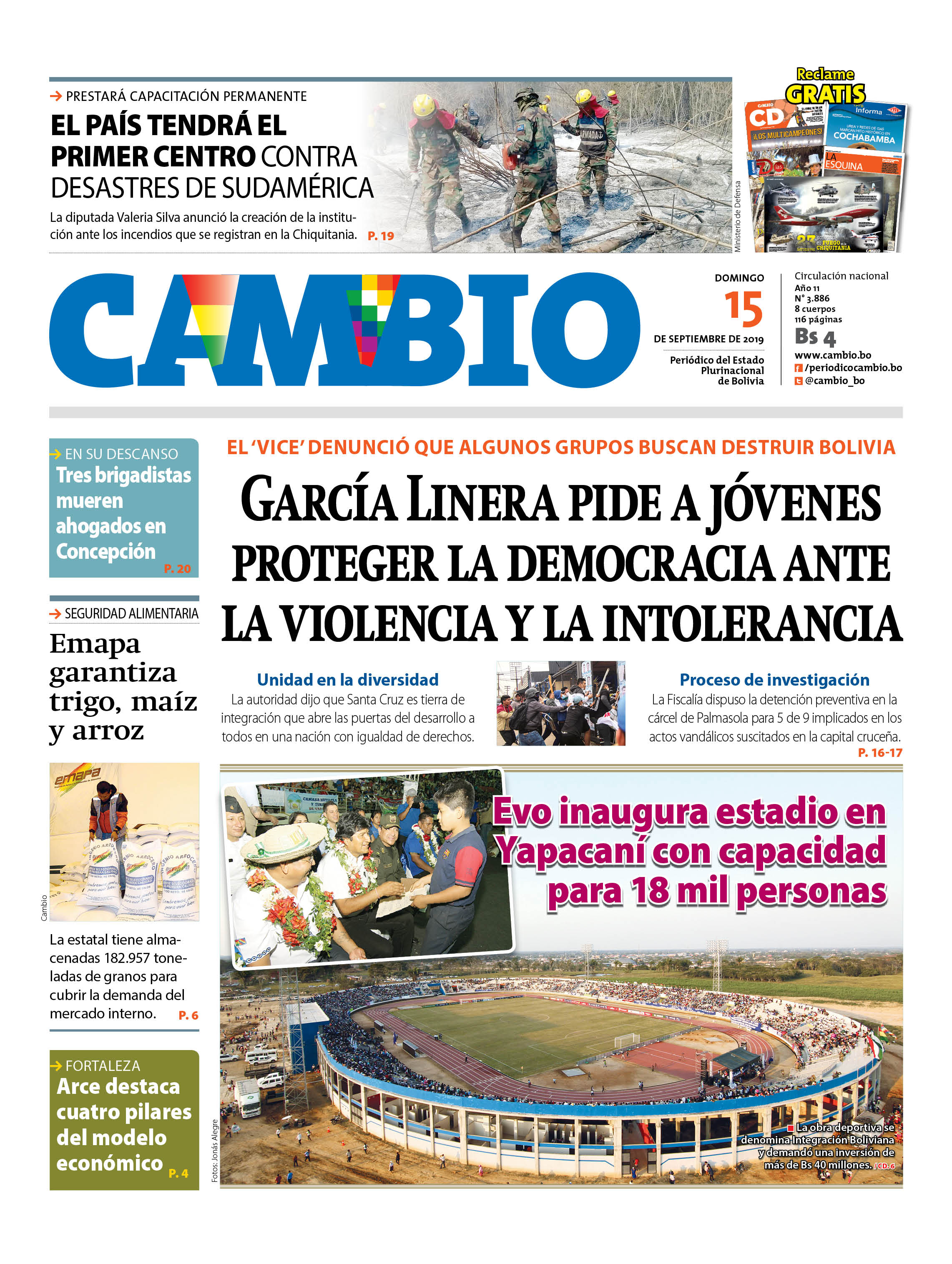 Portadas de periódicos de Bolivia del domingo 15 de septiembre de 2019 –  