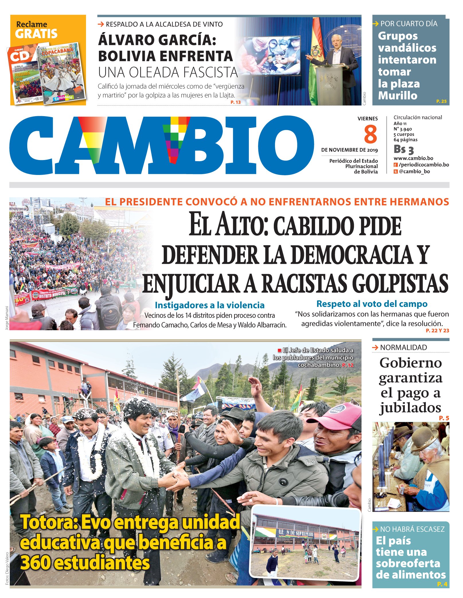 Portadas de periódicos de Bolivia del viernes 8 de noviembre de 2019 –  