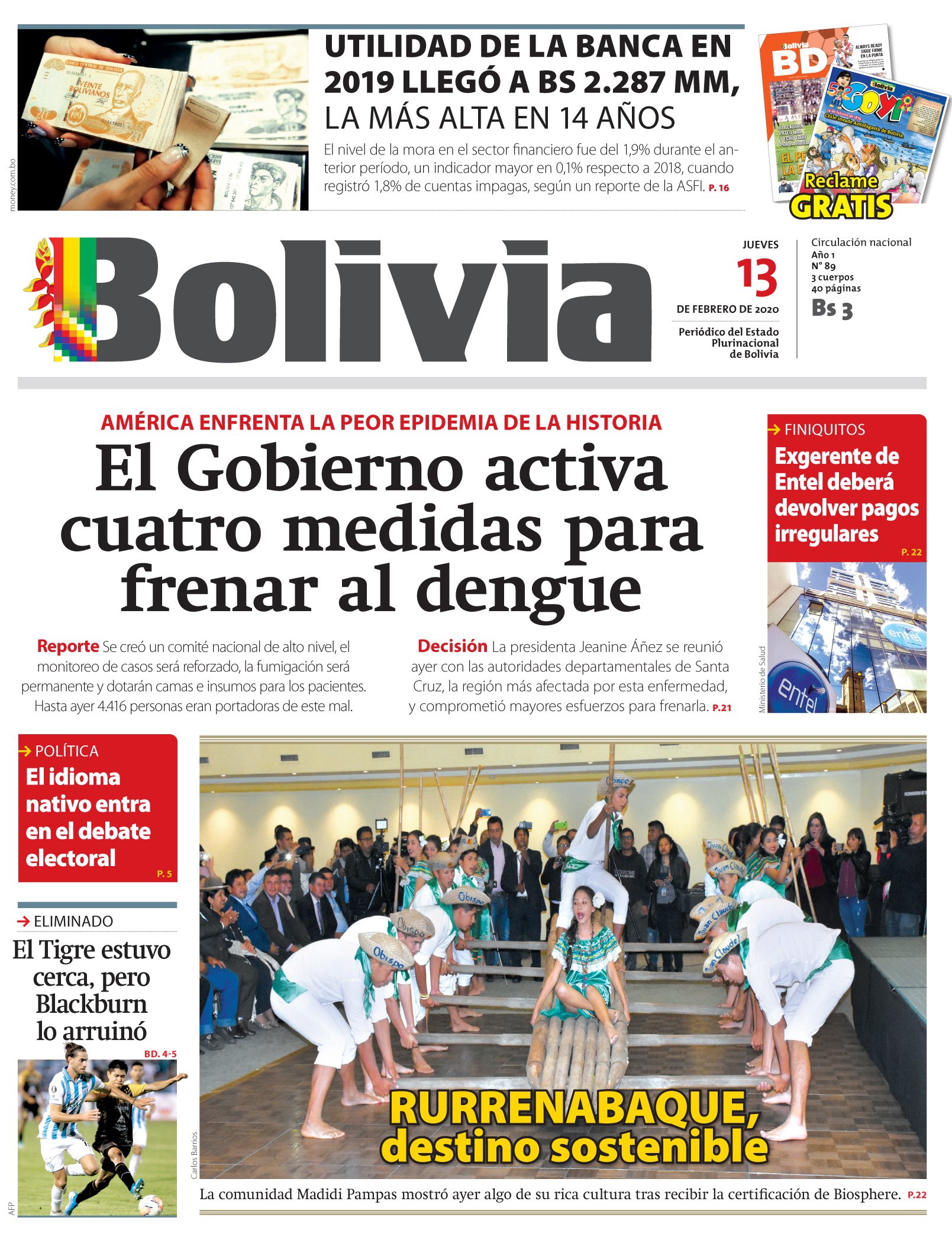 Portadas de periódicos de Bolivia del jueves 13 de febrero de 2020 – 